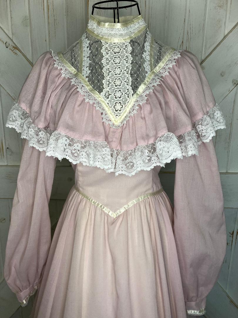 70's Vintage Gunne Sax Pink White Lace Romantic Renaissance Bridal Prairie Maxi Bridesmaid Dress 7