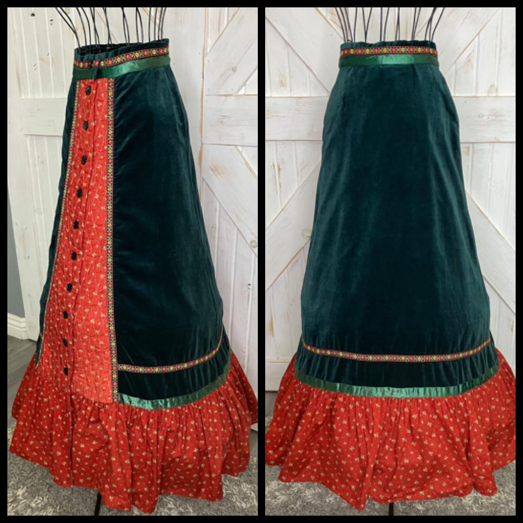 70's Vintage Gunne Sax Jessica's Gunnies Red Green Velveteen Calico Prairie Maxi Skirt 7 * FLAWS