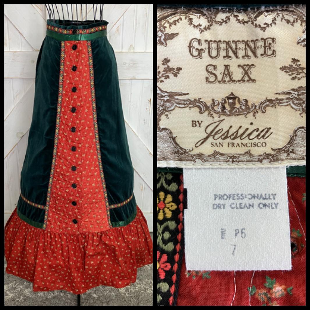 70's Vintage Gunne Sax Jessica's Gunnies Red Green Velveteen Calico Prairie Maxi Skirt 7 * FLAWS