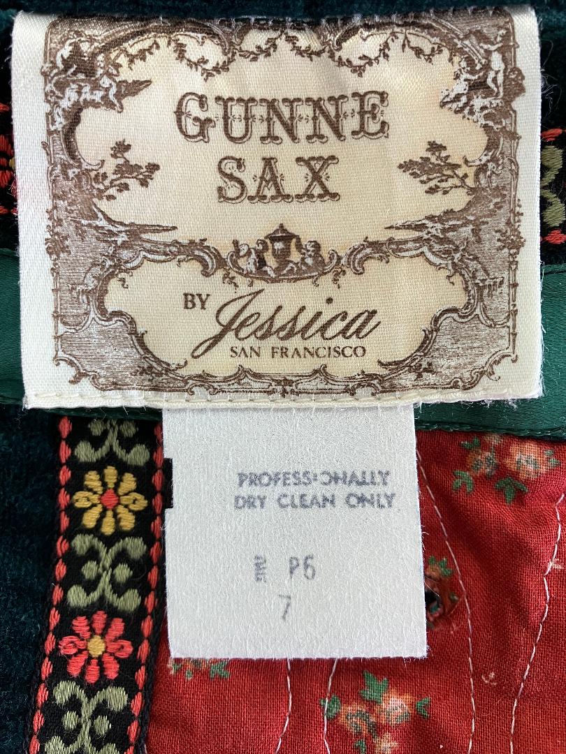 70's Vintage Gunne Sax Jessica's Gunnies Red Green Velveteen Calico Prairie Maxi Skirt 7 * FLAWS
