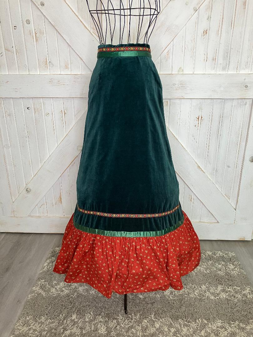 70's Vintage Gunne Sax Jessica's Gunnies Red Green Velveteen Calico Prairie Maxi Skirt 7 * FLAWS