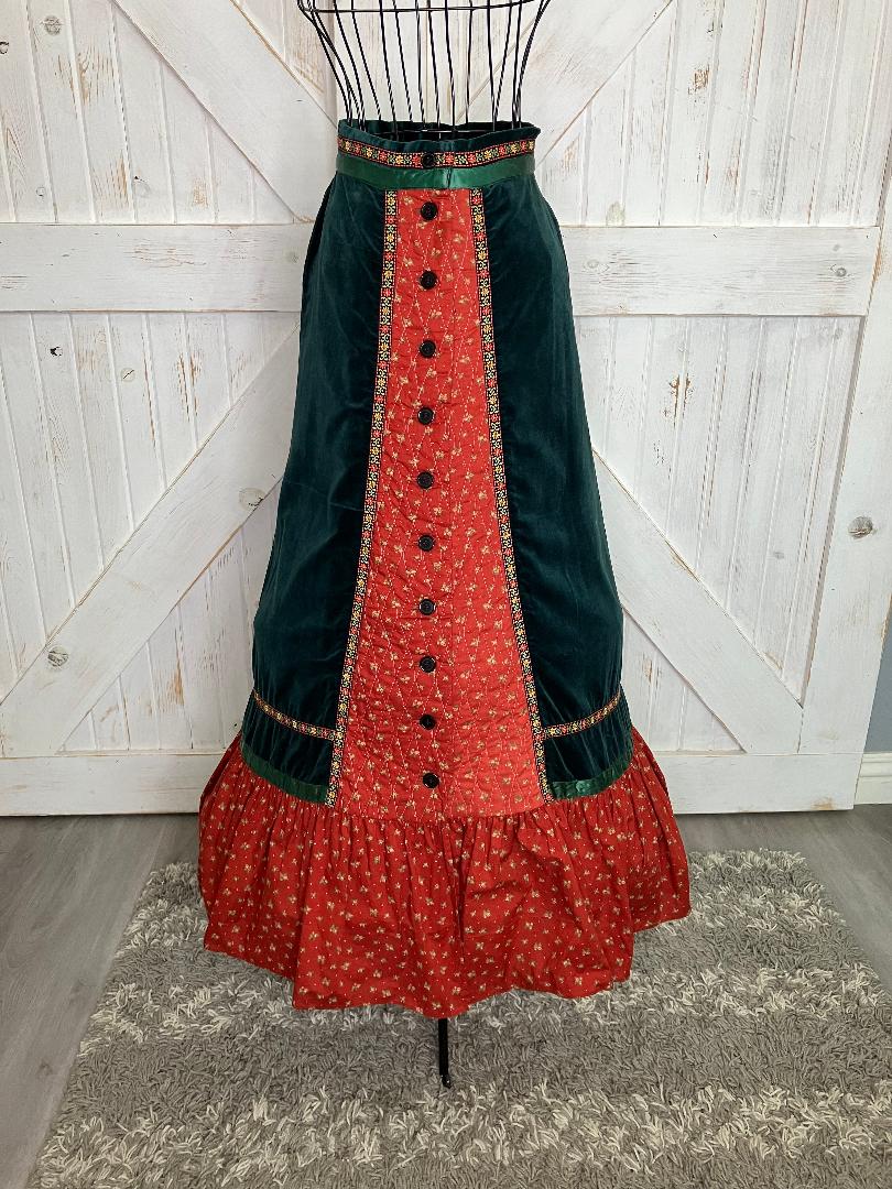 70's Vintage Gunne Sax Jessica's Gunnies Red Green Velveteen Calico Prairie Maxi Skirt 7 * FLAWS