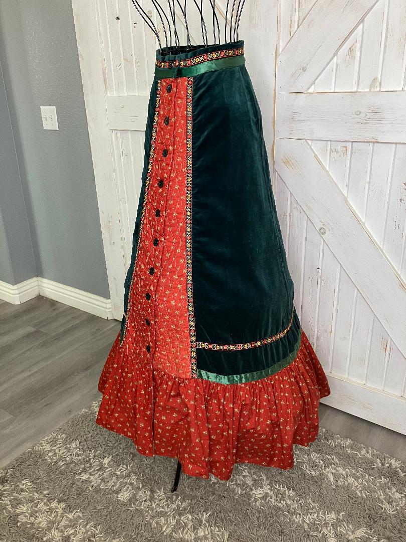 70's Vintage Gunne Sax Jessica's Gunnies Red Green Velveteen Calico Prairie Maxi Skirt 7 * FLAWS