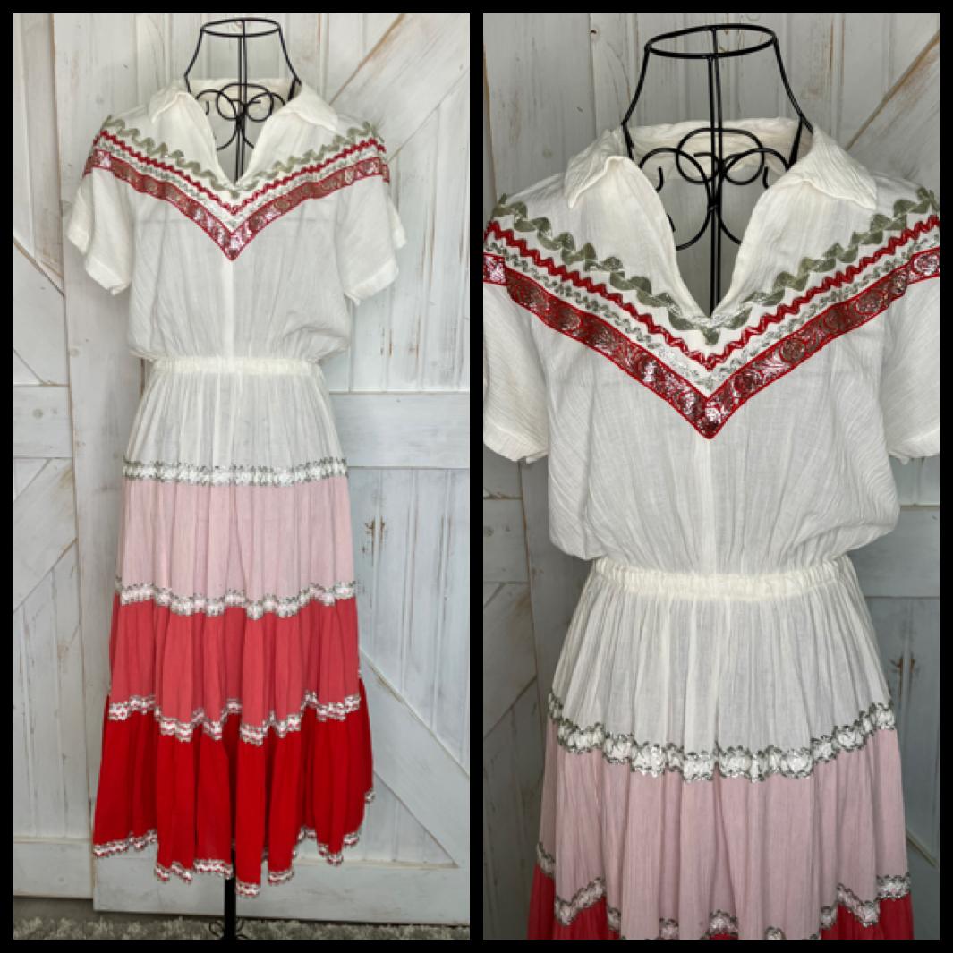70's Vintage Indian Cotton Red White Pink Silver Rockabilly Swing Western Cowgirl Midi Dress *FLAWS