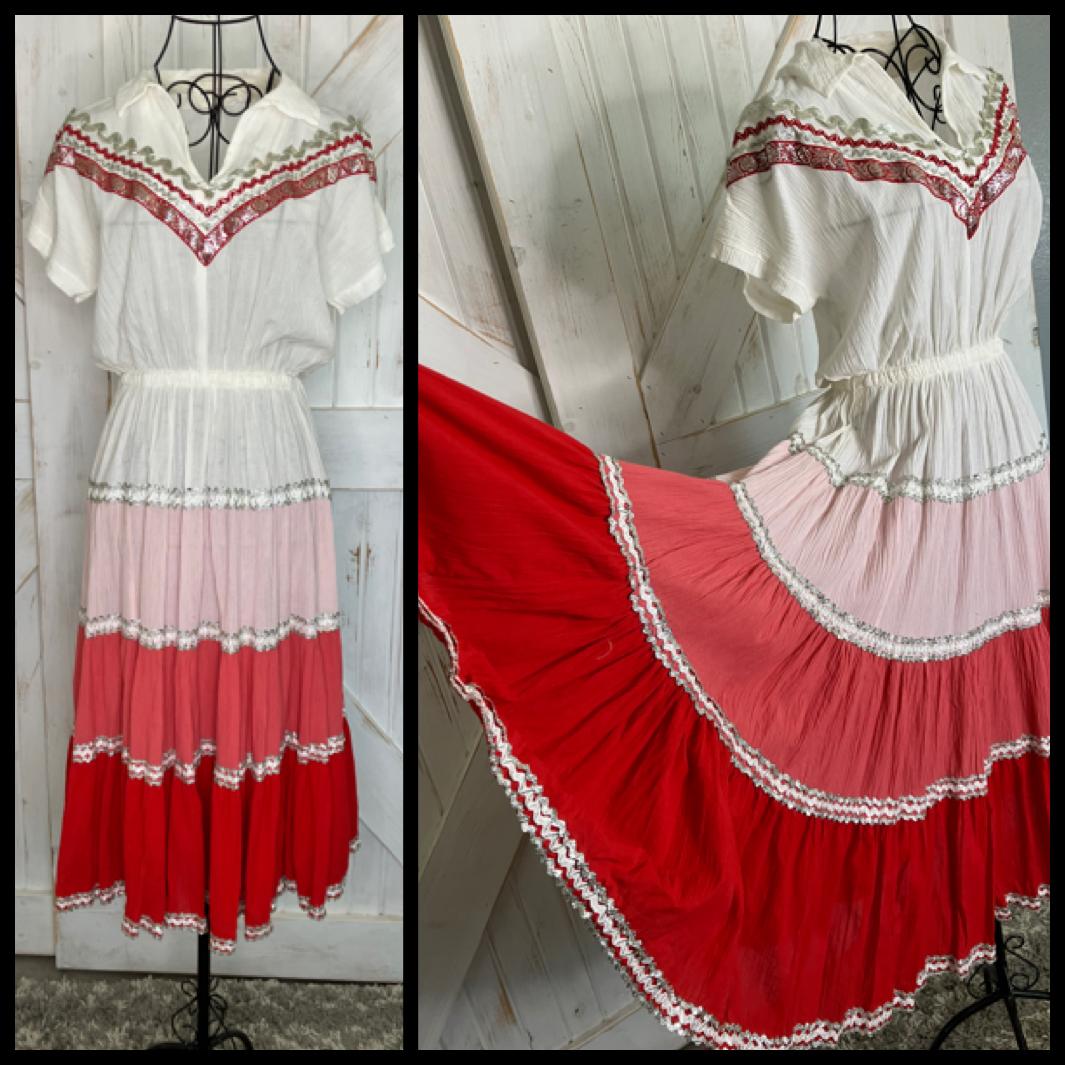 70's Vintage Indian Cotton Red White Pink Silver Rockabilly Swing Western Cowgirl Midi Dress *FLAWS