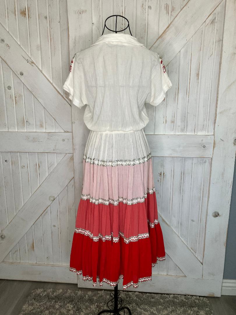 70's Vintage Indian Cotton Red White Pink Silver Rockabilly Swing Western Cowgirl Midi Dress *FLAWS