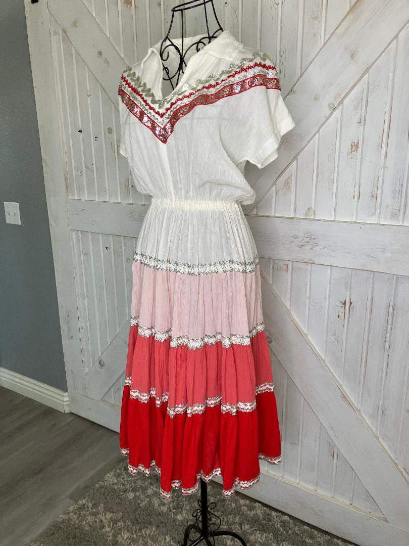 70's Vintage Indian Cotton Red White Pink Silver Rockabilly Swing Western Cowgirl Midi Dress *FLAWS