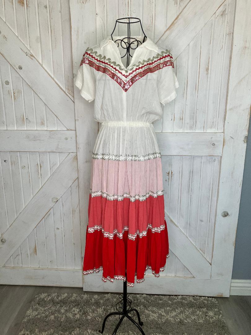 70's Vintage Indian Cotton Red White Pink Silver Rockabilly Swing Western Cowgirl Midi Dress *FLAWS