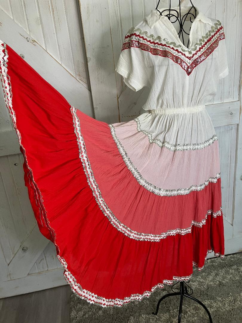 70's Vintage Indian Cotton Red White Pink Silver Rockabilly Swing Western Cowgirl Midi Dress *FLAWS
