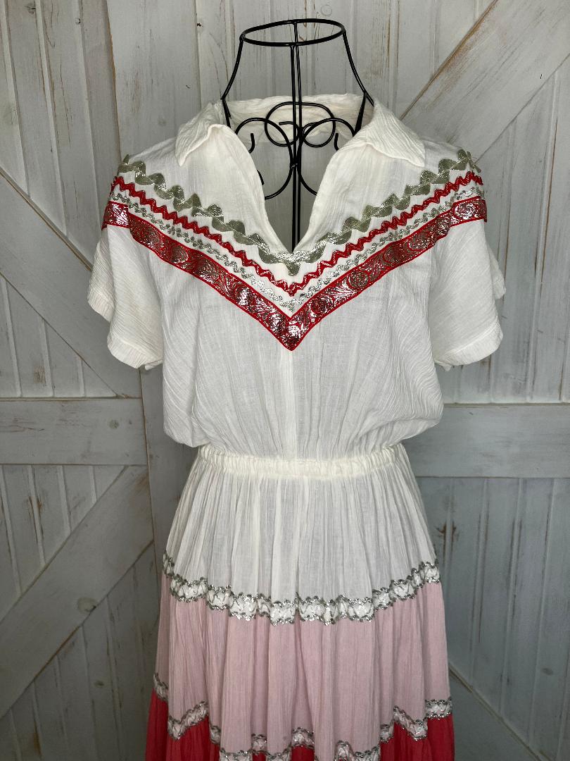 70's Vintage Indian Cotton Red White Pink Silver Rockabilly Swing Western Cowgirl Midi Dress *FLAWS