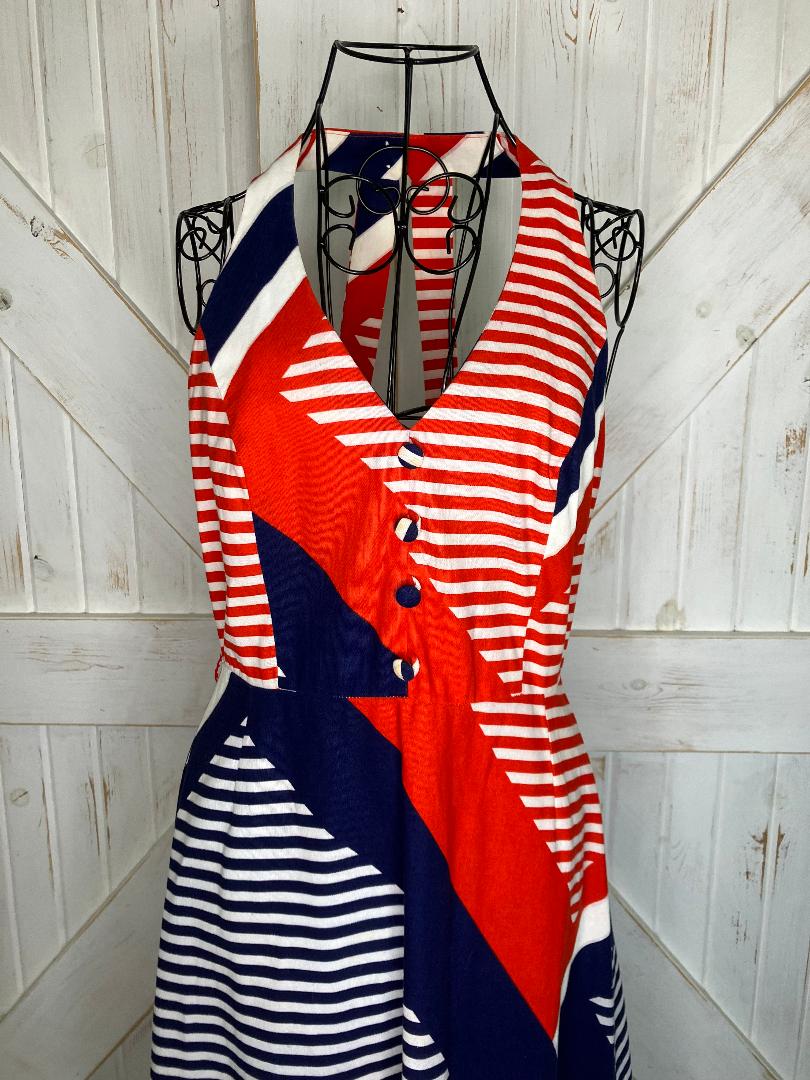 70's Vintage Malia Honolulu Red White Blue Stripe Nautical Halter Hawaiian Mini Midi Sundress Dress