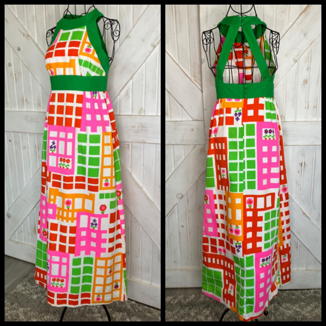 70's Vintage Malia Honolulu Pink Green Orange Neon Red Purple Geometric Floral Halter Hawaiian Sundress Maxi Dress