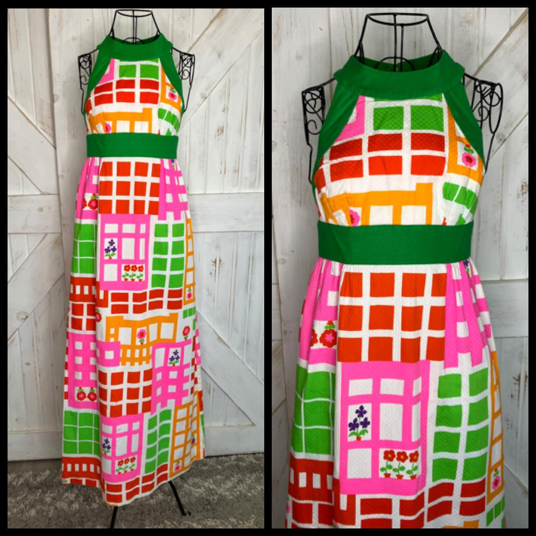 70's Vintage Malia Honolulu Pink Green Orange Neon Red Purple Geometric Floral Halter Hawaiian Sundress Maxi Dress