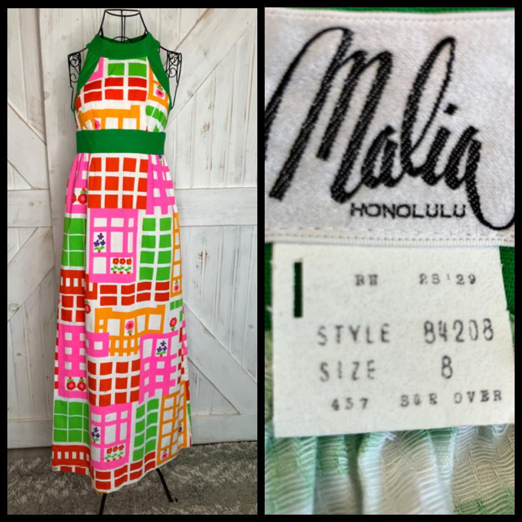 70's Vintage Malia Honolulu Pink Green Orange Neon Red Purple Geometric Floral Halter Hawaiian Sundress Maxi Dress