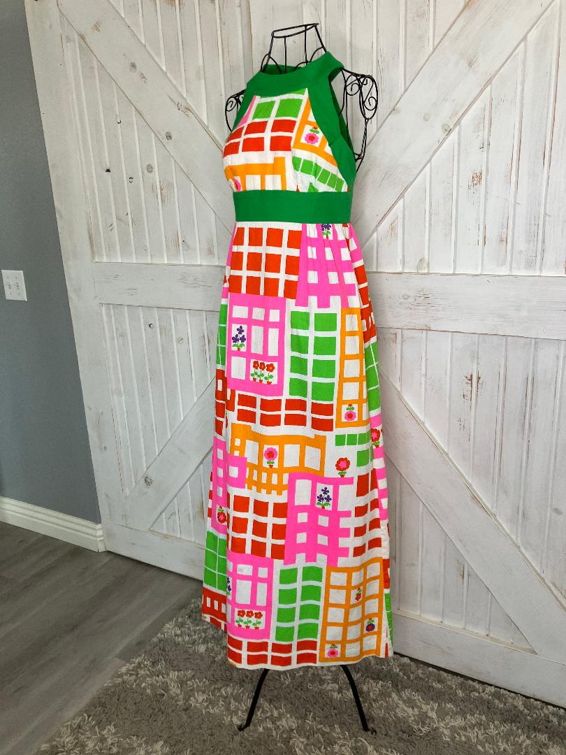 70's Vintage Malia Honolulu Pink Green Orange Neon Red Purple Geometric Floral Halter Hawaiian Sundress Maxi Dress