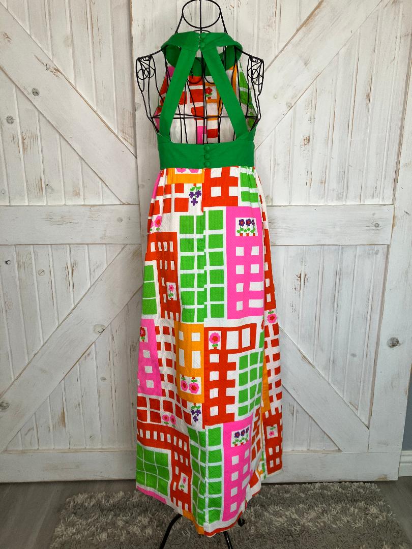 70's Vintage Malia Honolulu Pink Green Orange Neon Red Purple Geometric Floral Halter Hawaiian Sundress Maxi Dress