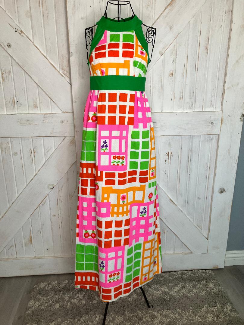 70's Vintage Malia Honolulu Pink Green Orange Neon Red Purple Geometric Floral Halter Hawaiian Sundress Maxi Dress