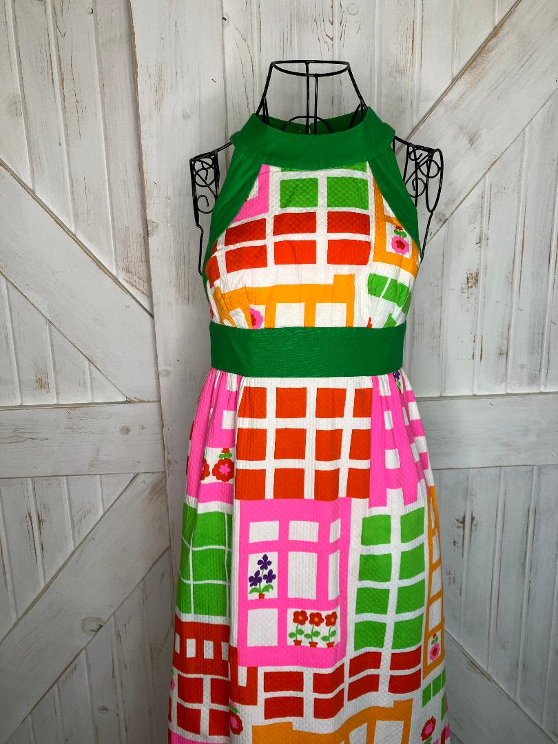 70's Vintage Malia Honolulu Pink Green Orange Neon Red Purple Geometric Floral Halter Hawaiian Sundress Maxi Dress