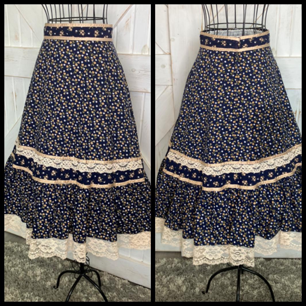 70's Vintage Gunne Sax Jessica's Gunnies Blue Yellow Gold Ivory Calico Prairie Midi Skirt 9