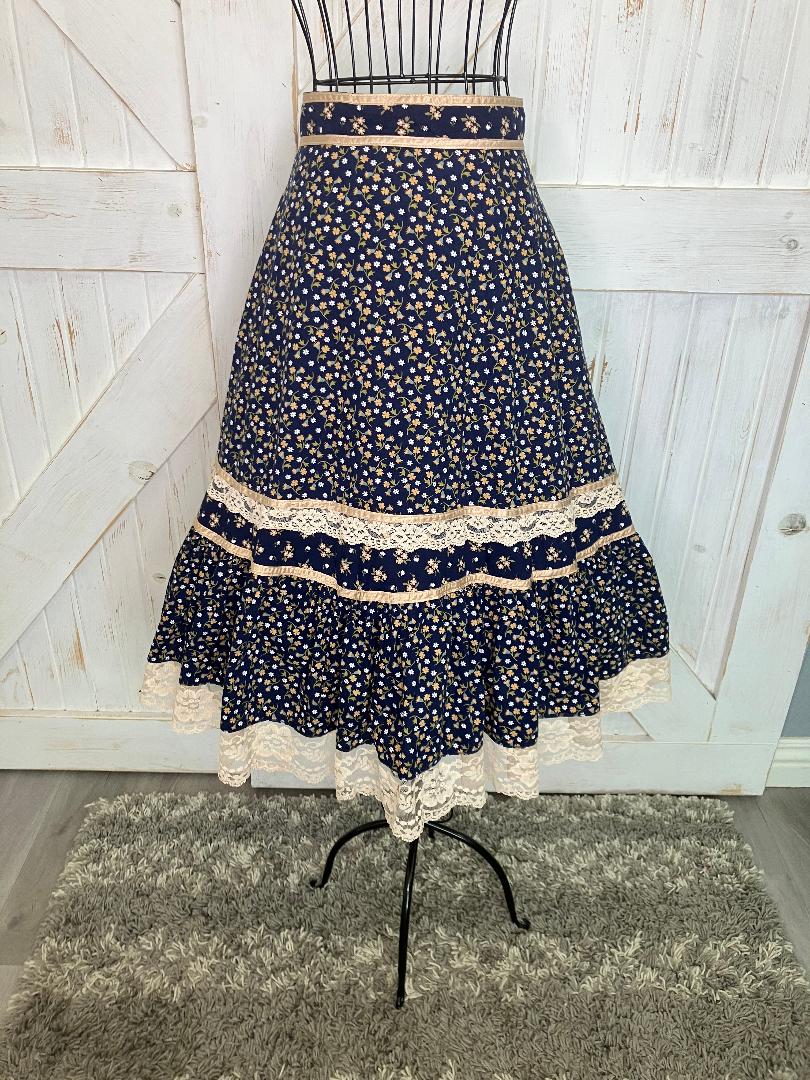 70's Vintage Gunne Sax Jessica's Gunnies Blue Yellow Gold Ivory Calico Prairie Midi Skirt 9