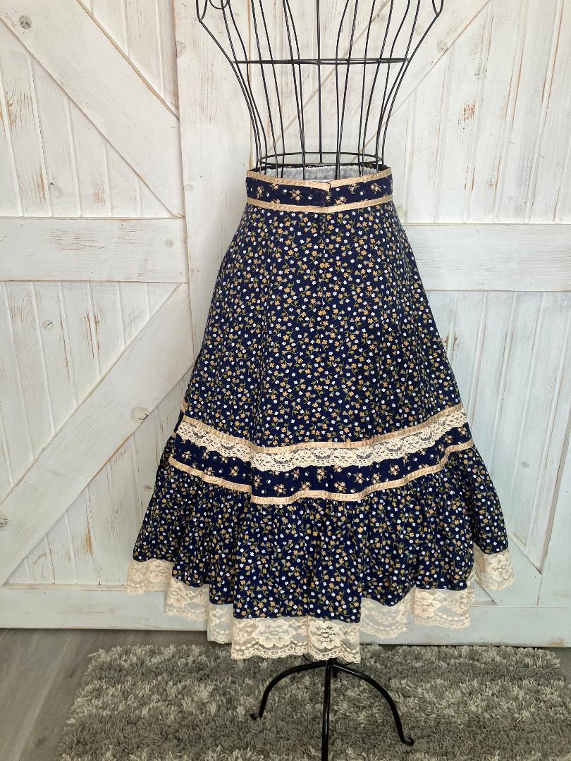 70's Vintage Gunne Sax Jessica's Gunnies Blue Yellow Gold Ivory Calico Prairie Midi Skirt 9