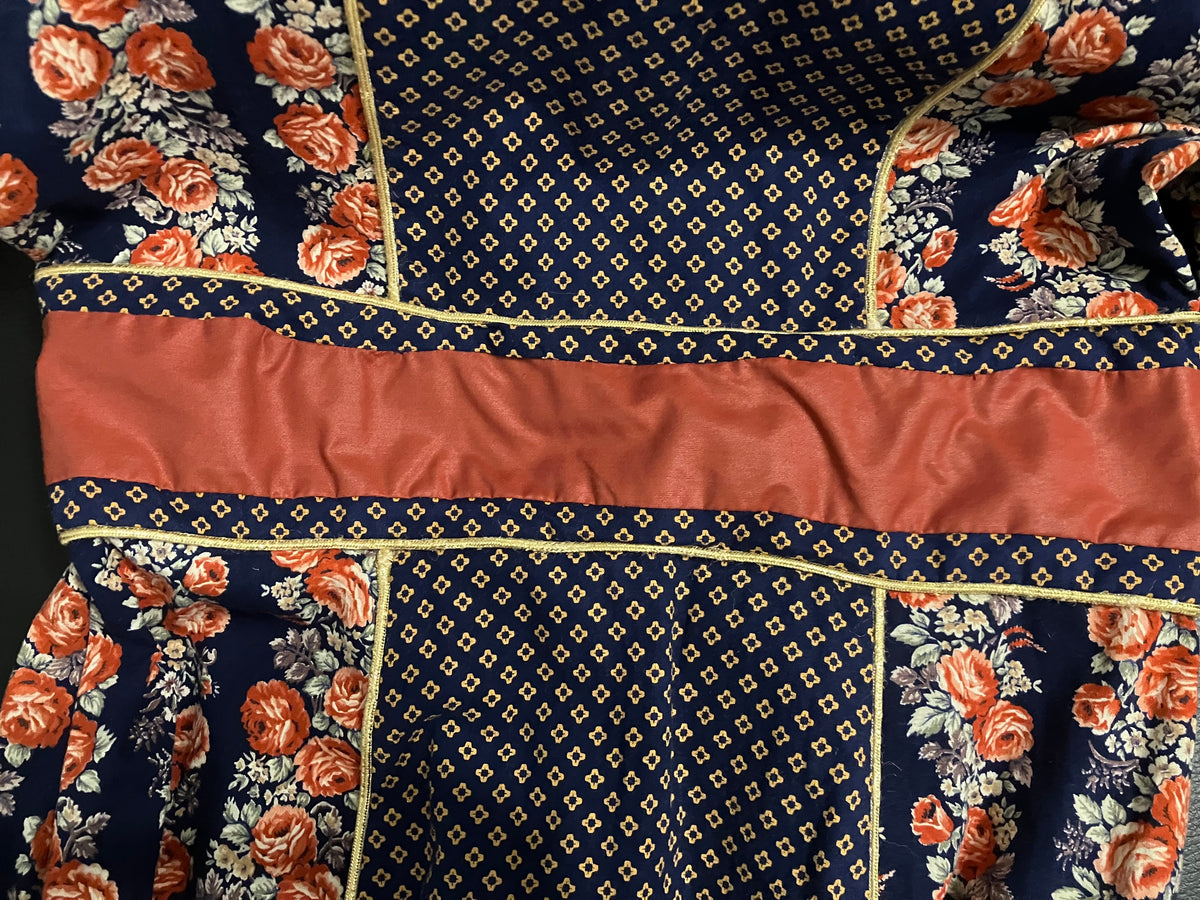 70's Vintage Gunne Sax Blue Red White Cabbage Rose Mandarin Prairie Boho Midi Dress 11