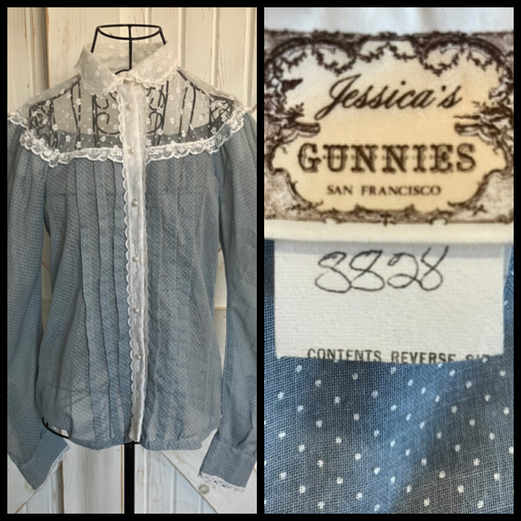 70's Vintage Gunne Sax Jessica's Gunnies Blue White Swiss Polka Dot Lace Prairie Blouse Top