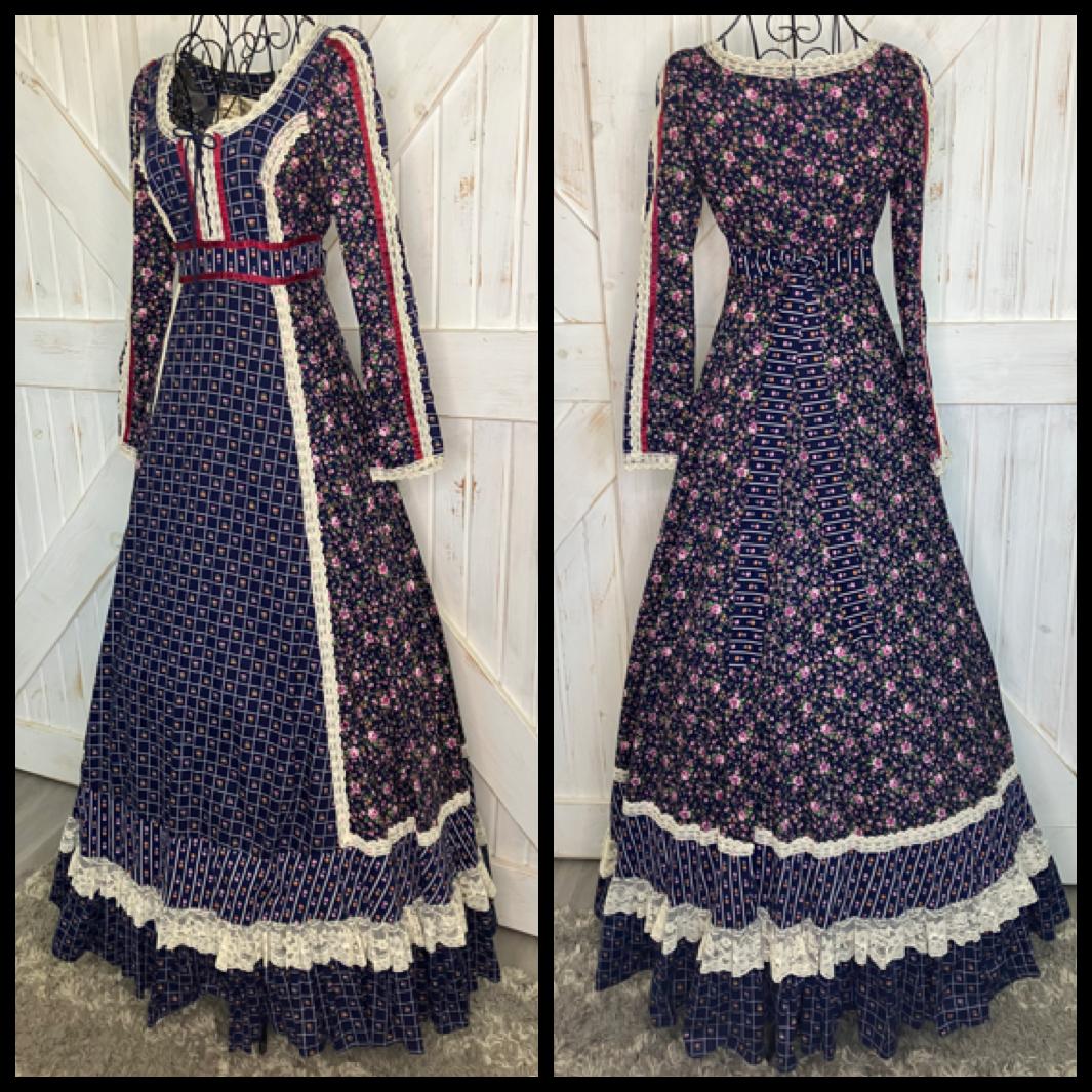 70's Vintage Gunne Sax Blue Red Pink White Calico Prairie Maxi Dress 7