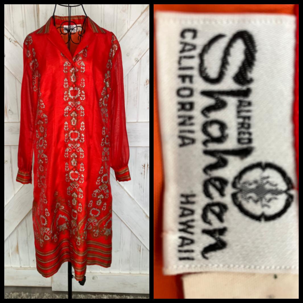 60's Vintage Alfred Shaheen Red Gold Batik Mod Hawaiian Dress