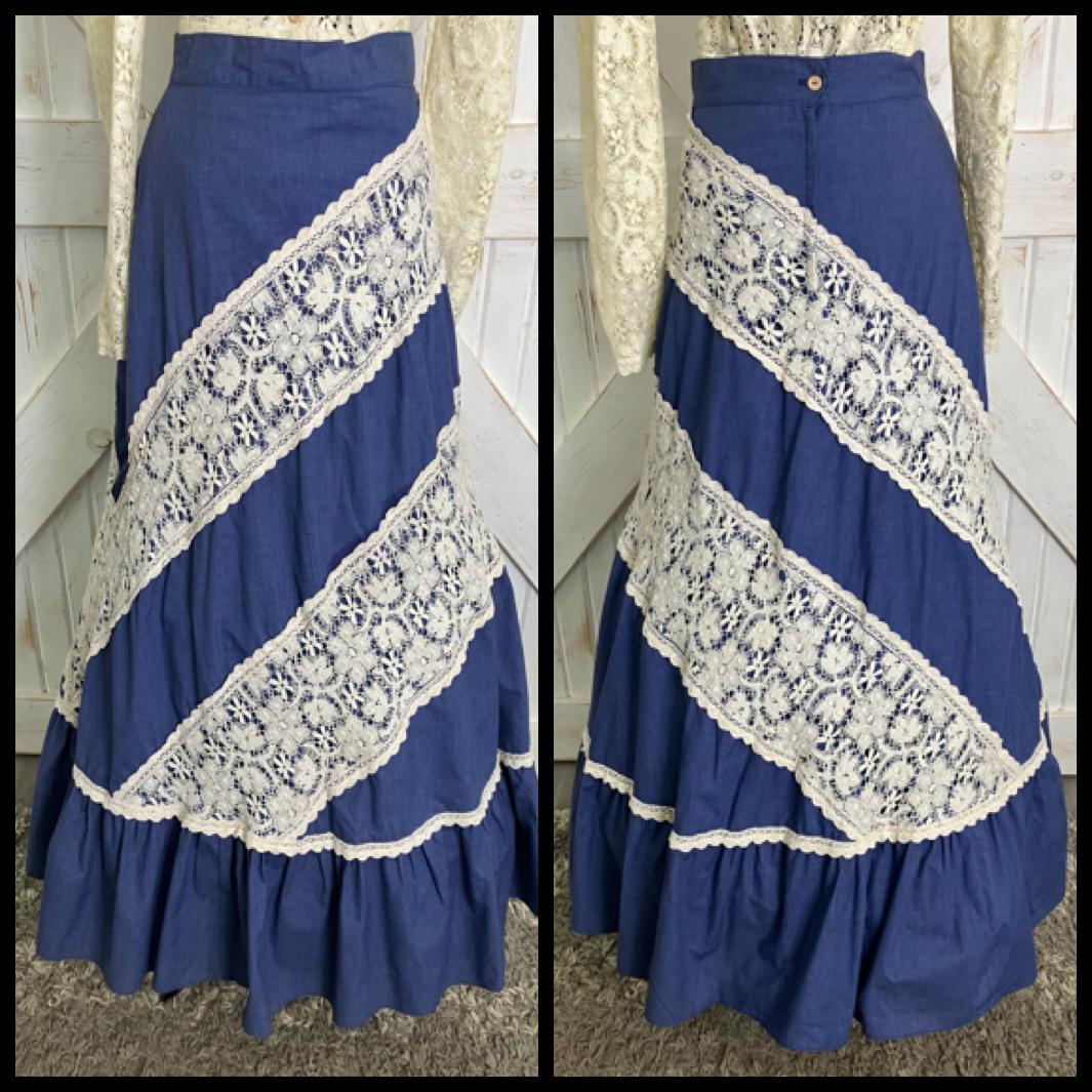 70's Vintage Gunne Sax Jessica's Gunnies Pink Label Ivory Lace Blue Chambray Denim Prairie Blouse + Maxi Skirt Set