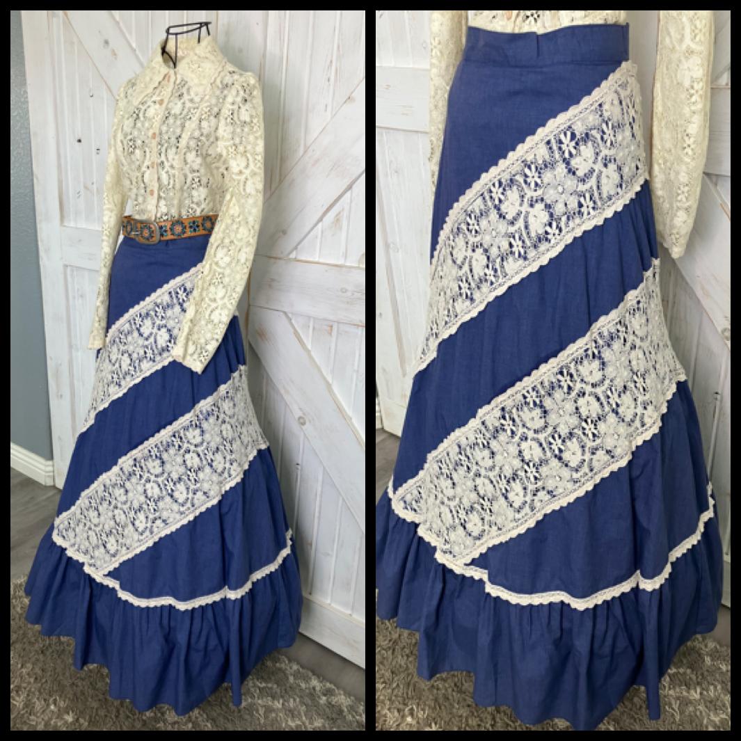 70's Vintage Gunne Sax Jessica's Gunnies Pink Label Ivory Lace Blue Chambray Denim Prairie Blouse + Maxi Skirt Set