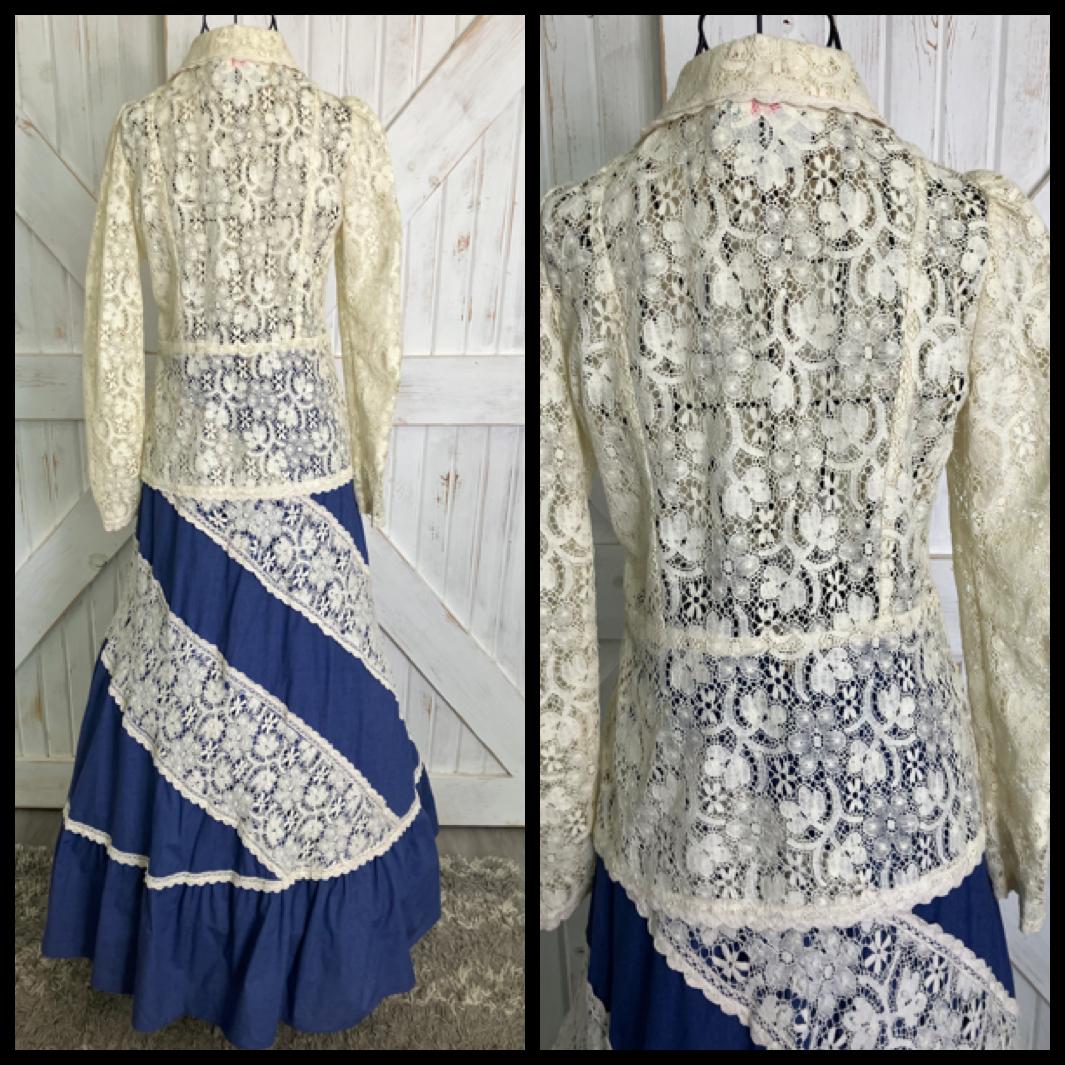 70's Vintage Gunne Sax Jessica's Gunnies Pink Label Ivory Lace Blue Chambray Denim Prairie Blouse + Maxi Skirt Set