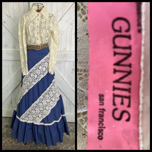 70's Vintage Gunne Sax Jessica's Gunnies Pink Label Ivory Lace Blue Chambray Denim Prairie Blouse + Maxi Skirt Set