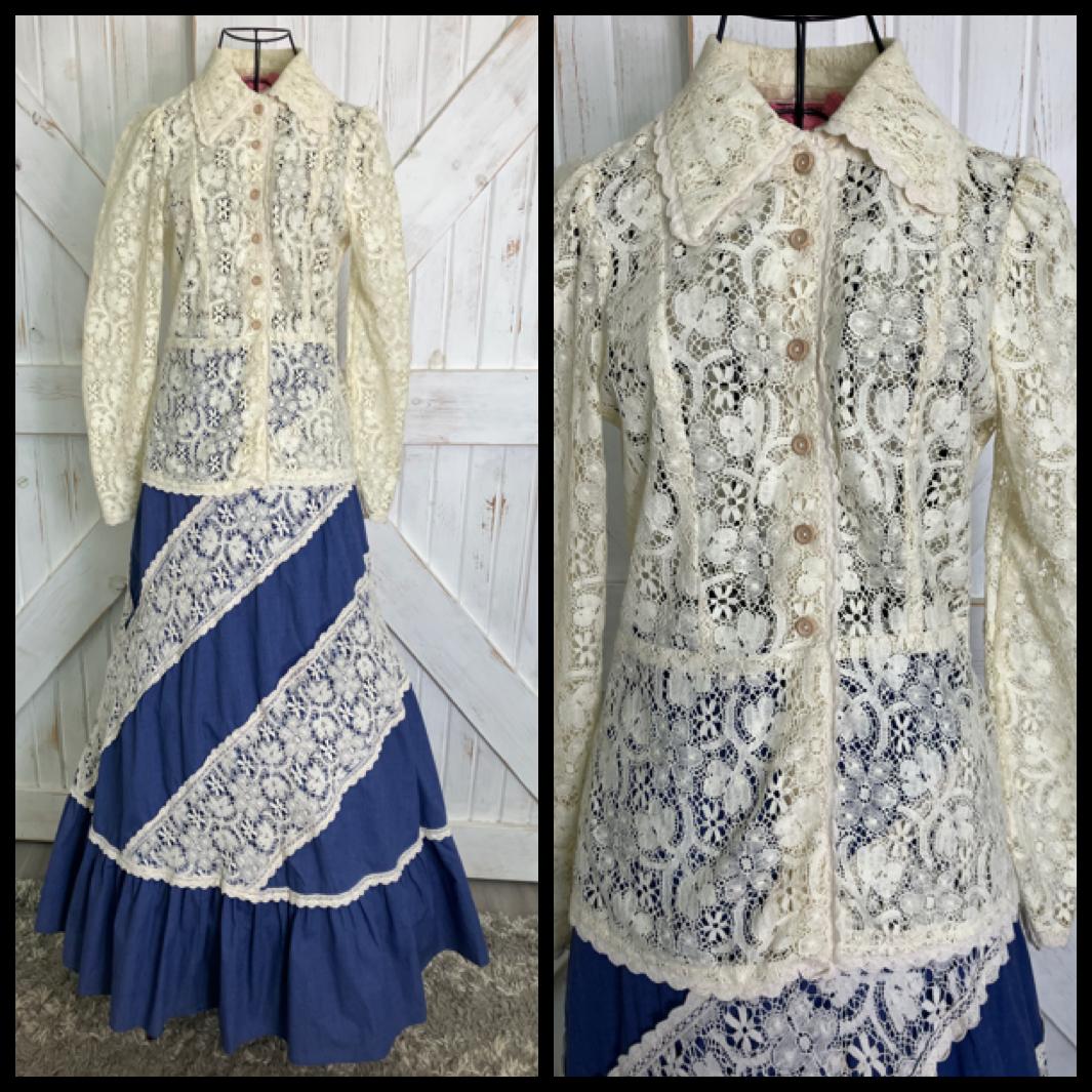 70's Vintage Gunne Sax Jessica's Gunnies Pink Label Ivory Lace Blue Chambray Denim Prairie Blouse + Maxi Skirt Set
