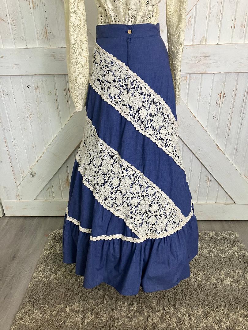 70's Vintage Gunne Sax Jessica's Gunnies Pink Label Ivory Lace Blue Chambray Denim Prairie Blouse + Maxi Skirt Set