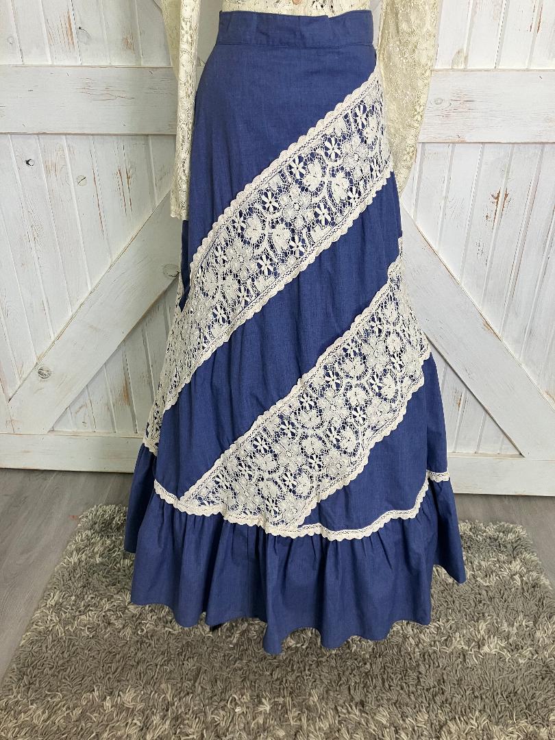 70's Vintage Gunne Sax Jessica's Gunnies Pink Label Ivory Lace Blue Chambray Denim Prairie Blouse + Maxi Skirt Set