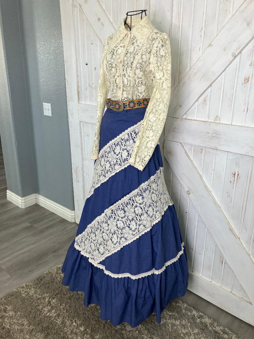 70's Vintage Gunne Sax Jessica's Gunnies Pink Label Ivory Lace Blue Chambray Denim Prairie Blouse + Maxi Skirt Set