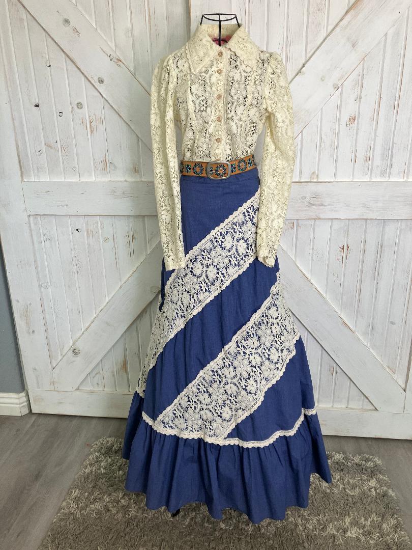 70's Vintage Gunne Sax Jessica's Gunnies Pink Label Ivory Lace Blue Chambray Denim Prairie Blouse + Maxi Skirt Set