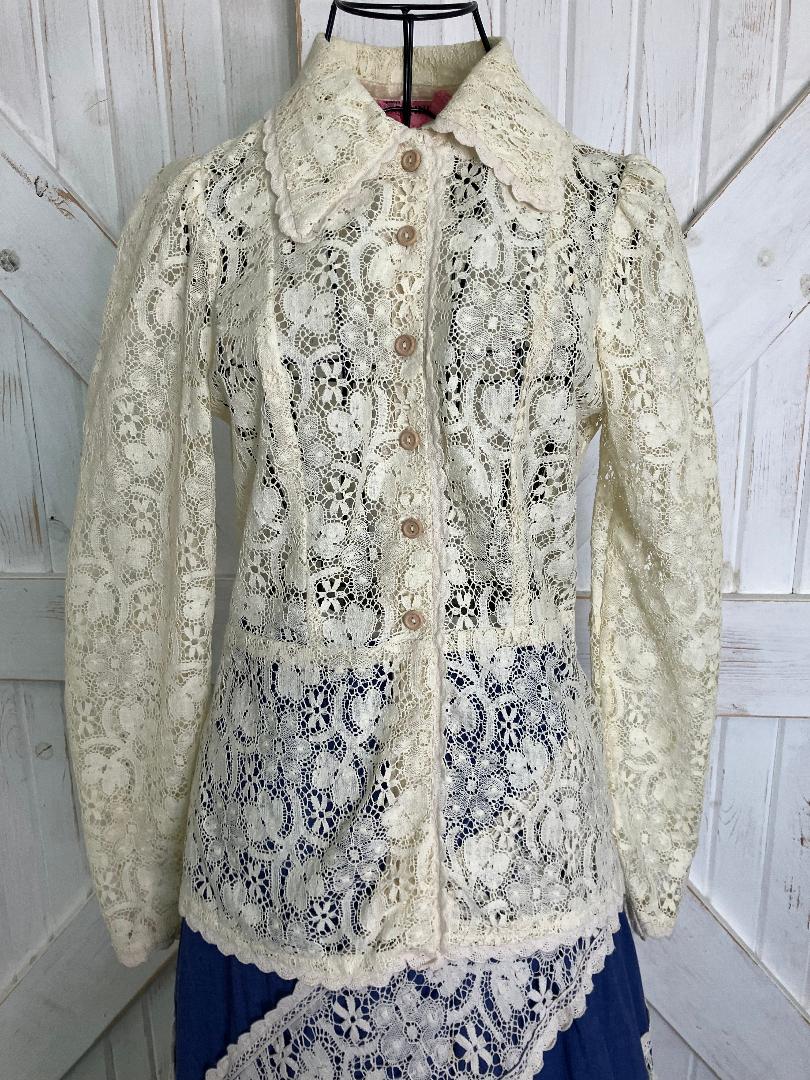 70's Vintage Gunne Sax Jessica's Gunnies Pink Label Ivory Lace Blue Chambray Denim Prairie Blouse + Maxi Skirt Set