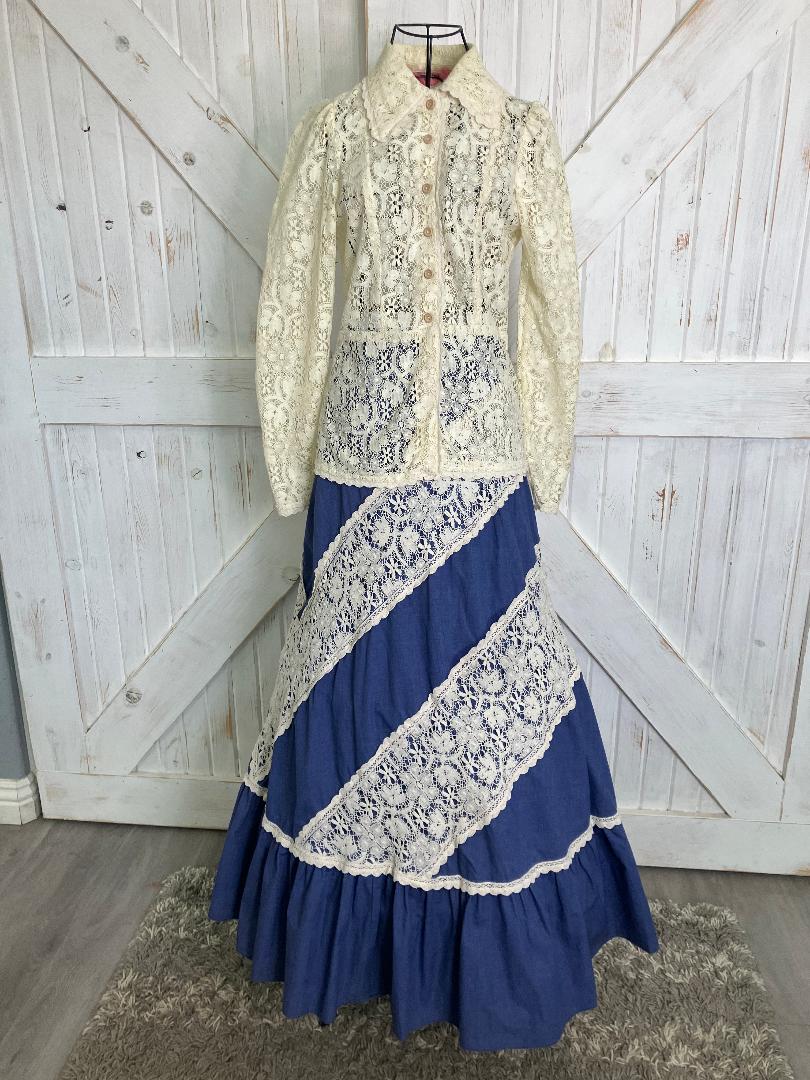 70's Vintage Gunne Sax Jessica's Gunnies Pink Label Ivory Lace Blue Chambray Denim Prairie Blouse + Maxi Skirt Set