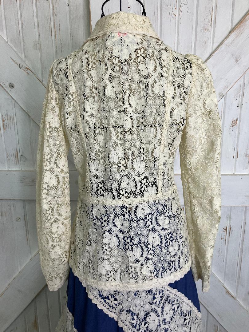 70's Vintage Gunne Sax Jessica's Gunnies Pink Label Ivory Lace Blue Chambray Denim Prairie Blouse + Maxi Skirt Set