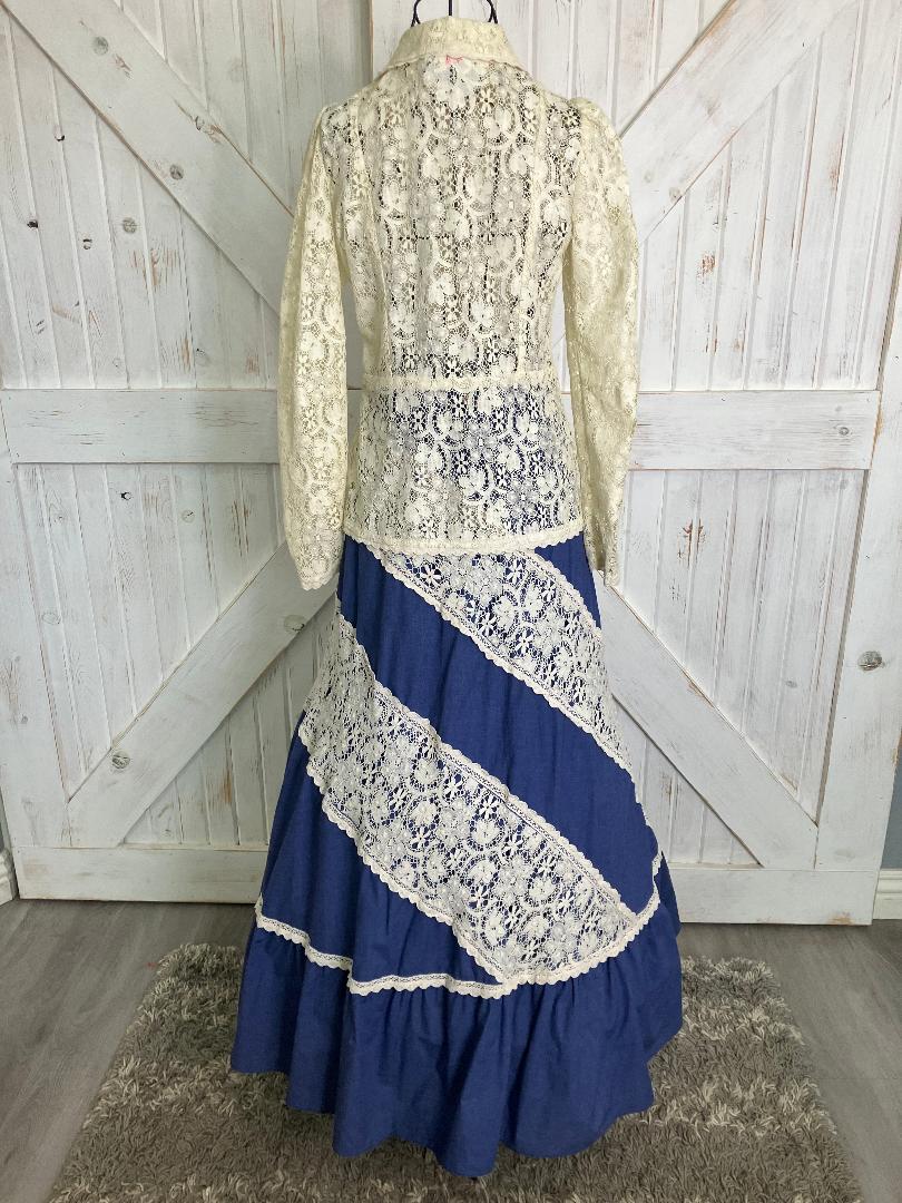 70's Vintage Gunne Sax Jessica's Gunnies Pink Label Ivory Lace Blue Chambray Denim Prairie Blouse + Maxi Skirt Set