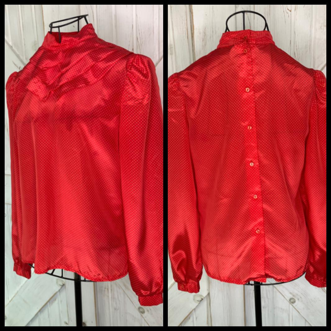 80's Vintage City Girl California Red White Swiss Polka Dot Career Top Shirt Blouse