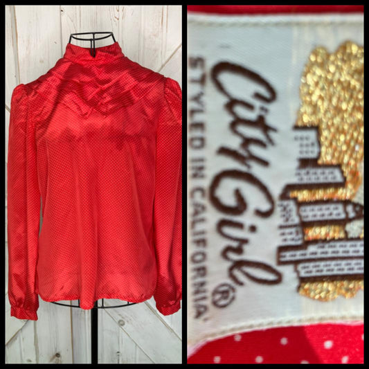 80's Vintage City Girl California Red White Swiss Polka Dot Career Top Shirt Blouse