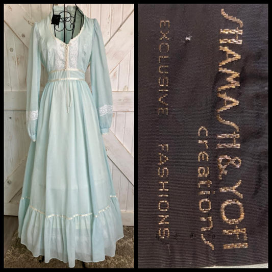 70's Vintage Shamash & Yofi Gunne Sax Blue White Corset Prairie Maxi Dress