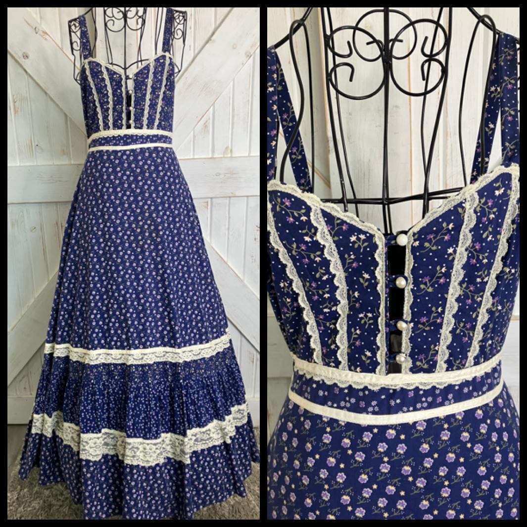 70's Vintage Gunne Sax Blue White Purple Calico Sweetheart Prairie Maxi Sundress Dress 9 *FLAWS