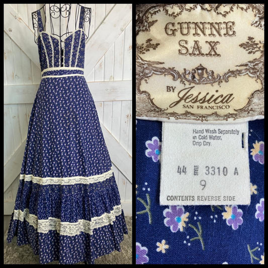 70's Vintage Gunne Sax Blue White Purple Calico Sweetheart Prairie Maxi Sundress Dress 9 *FLAWS