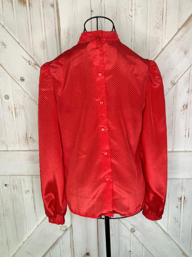 80's Vintage City Girl California Red White Swiss Polka Dot Career Top Shirt Blouse