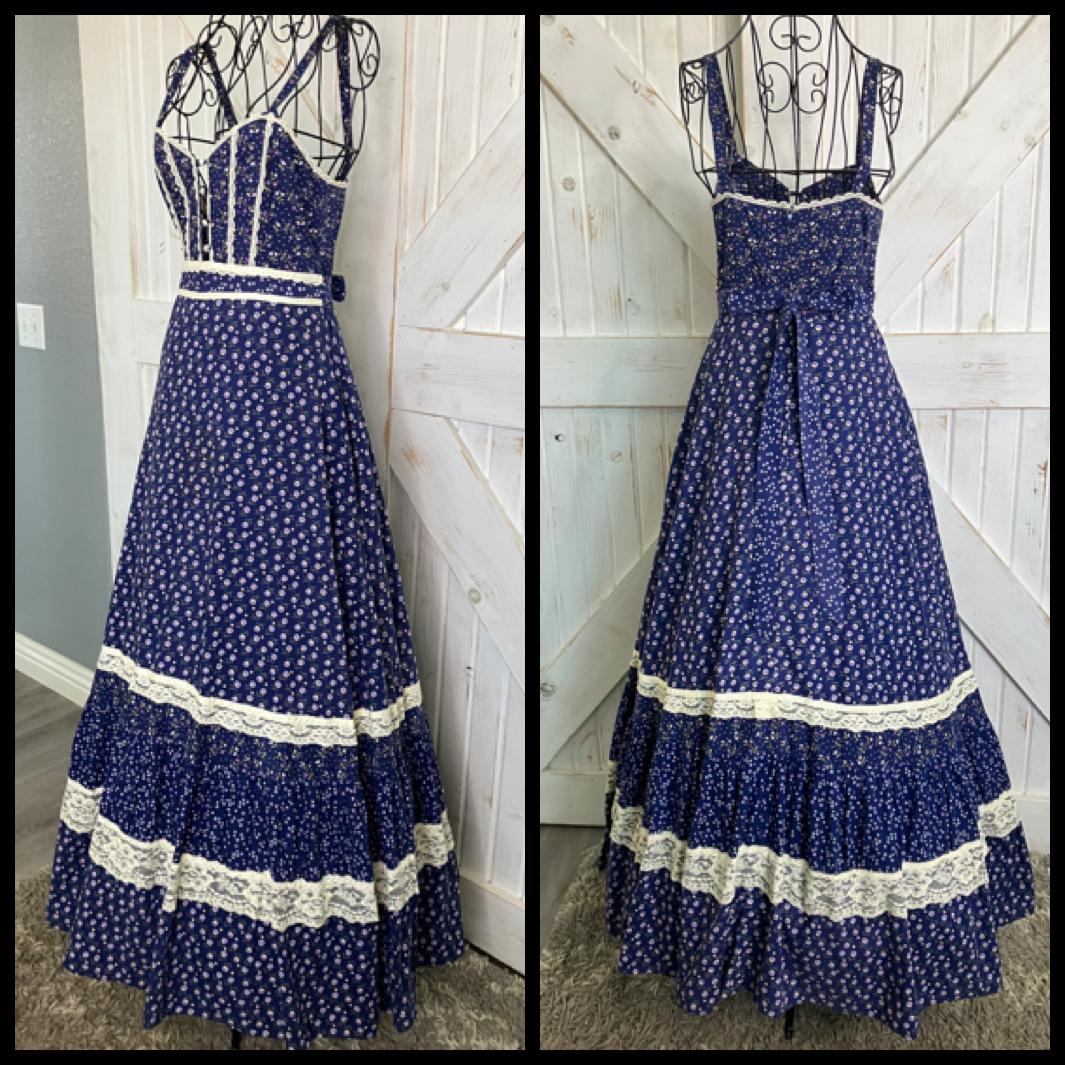 70's Vintage Gunne Sax Blue White Purple Calico Sweetheart Prairie Maxi Sundress Dress 9 *FLAWS