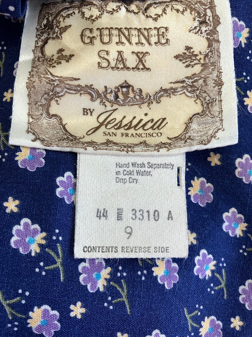 70's Vintage Gunne Sax Blue White Purple Calico Sweetheart Prairie Maxi Sundress Dress 9 *FLAWS